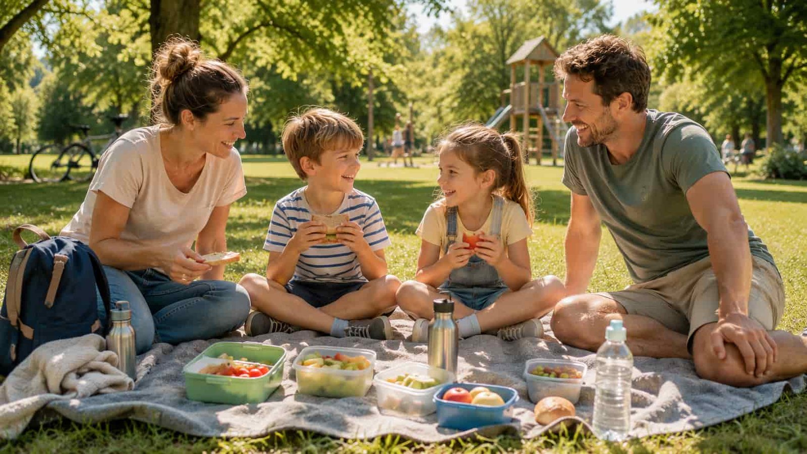 Familie macht ein günstiges Picknick im Park