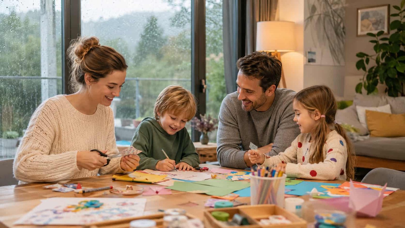 Familie spielt und bastelt an einem Regentag gemütlich zuhause
