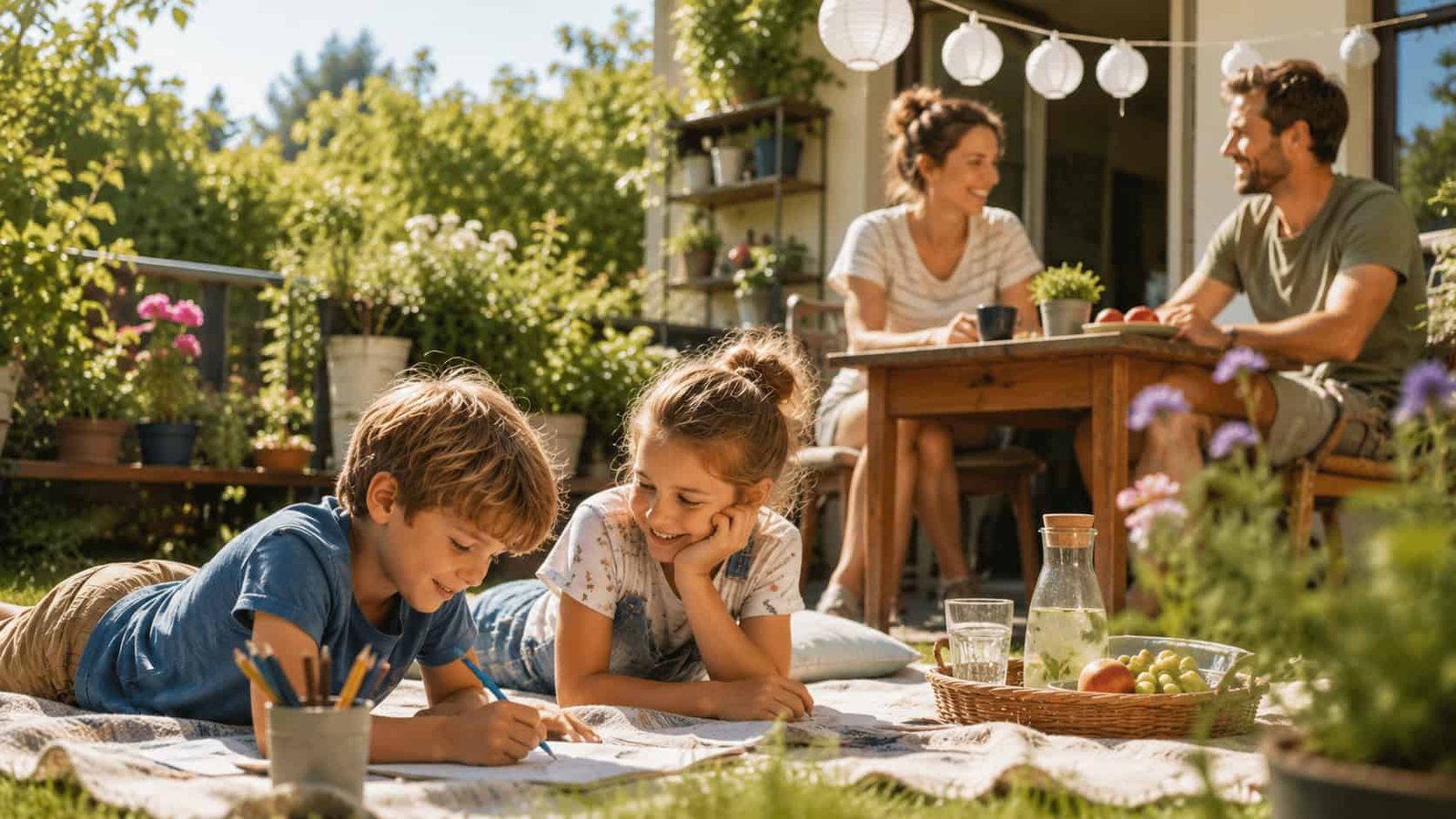 Familie genießt Ferien ohne Urlaub zuhause im Garten oder auf dem Balkon