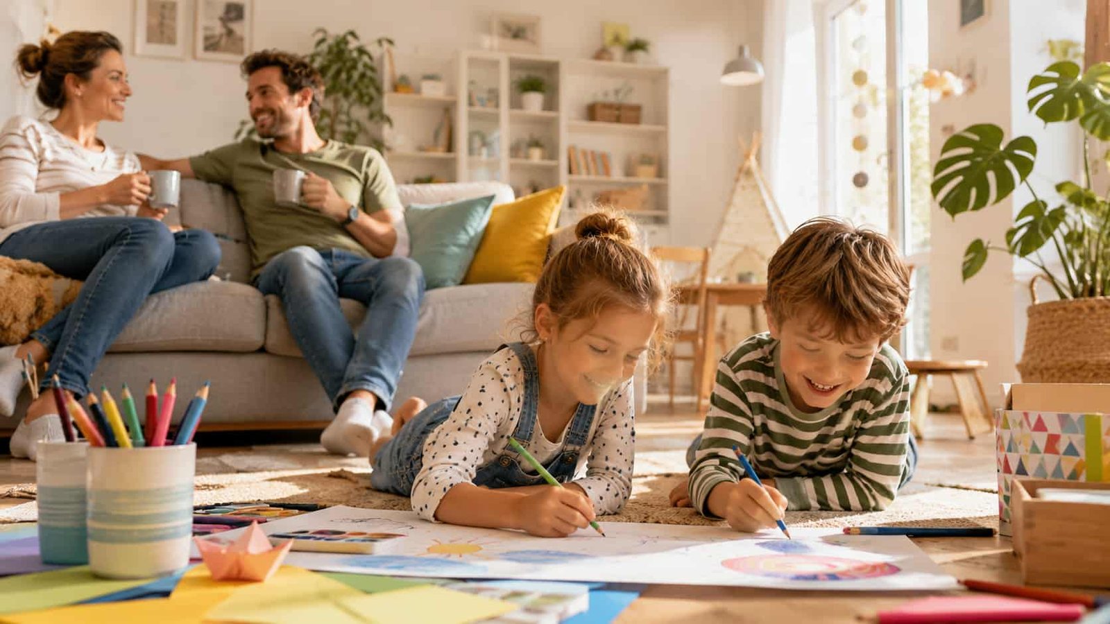 Familie verbringt Ferien mit Kindern zu Hause im hellen Wohnzimmer und Garten