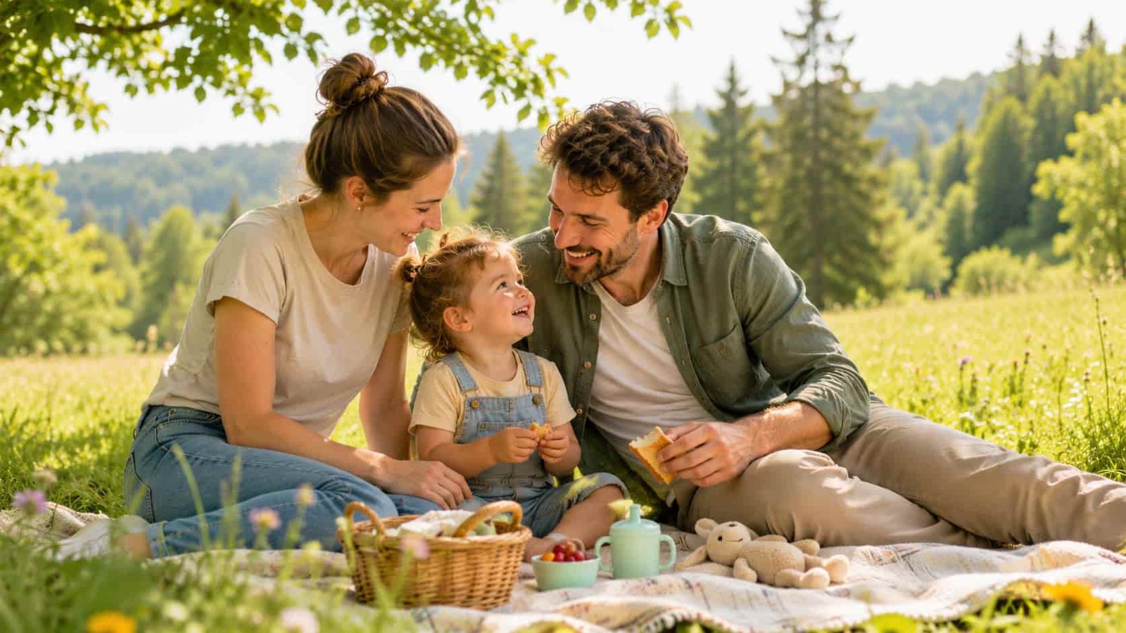 Junge Eltern verbringen mit Kleinkind entspannte Ferienzeit auf einer Picknickdecke im Schatten