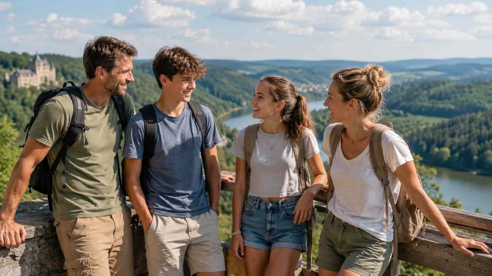 Familie mit Teenagern verbringt entspannte Ferienzeit draußen mit Freiraum und Nähe