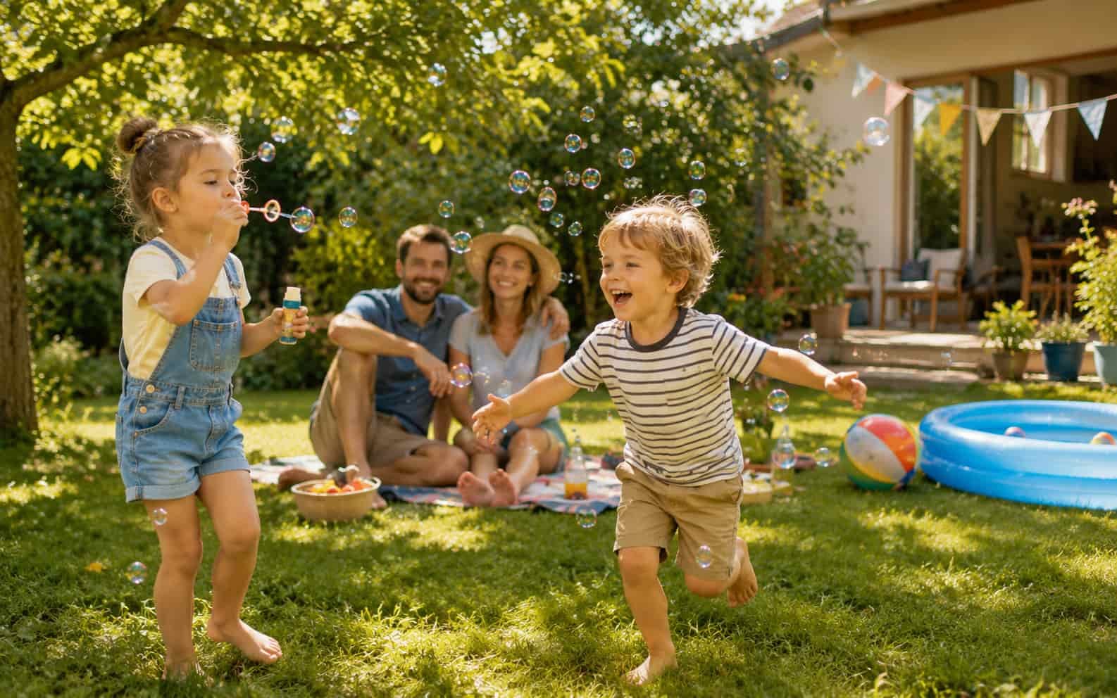 Kinder spielen im Sommergarten während der Ferien