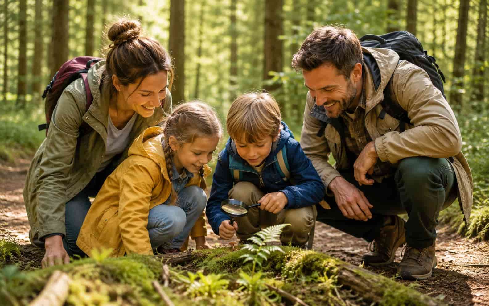Familie entdeckt Pflanzen und Naturdetails im Wald