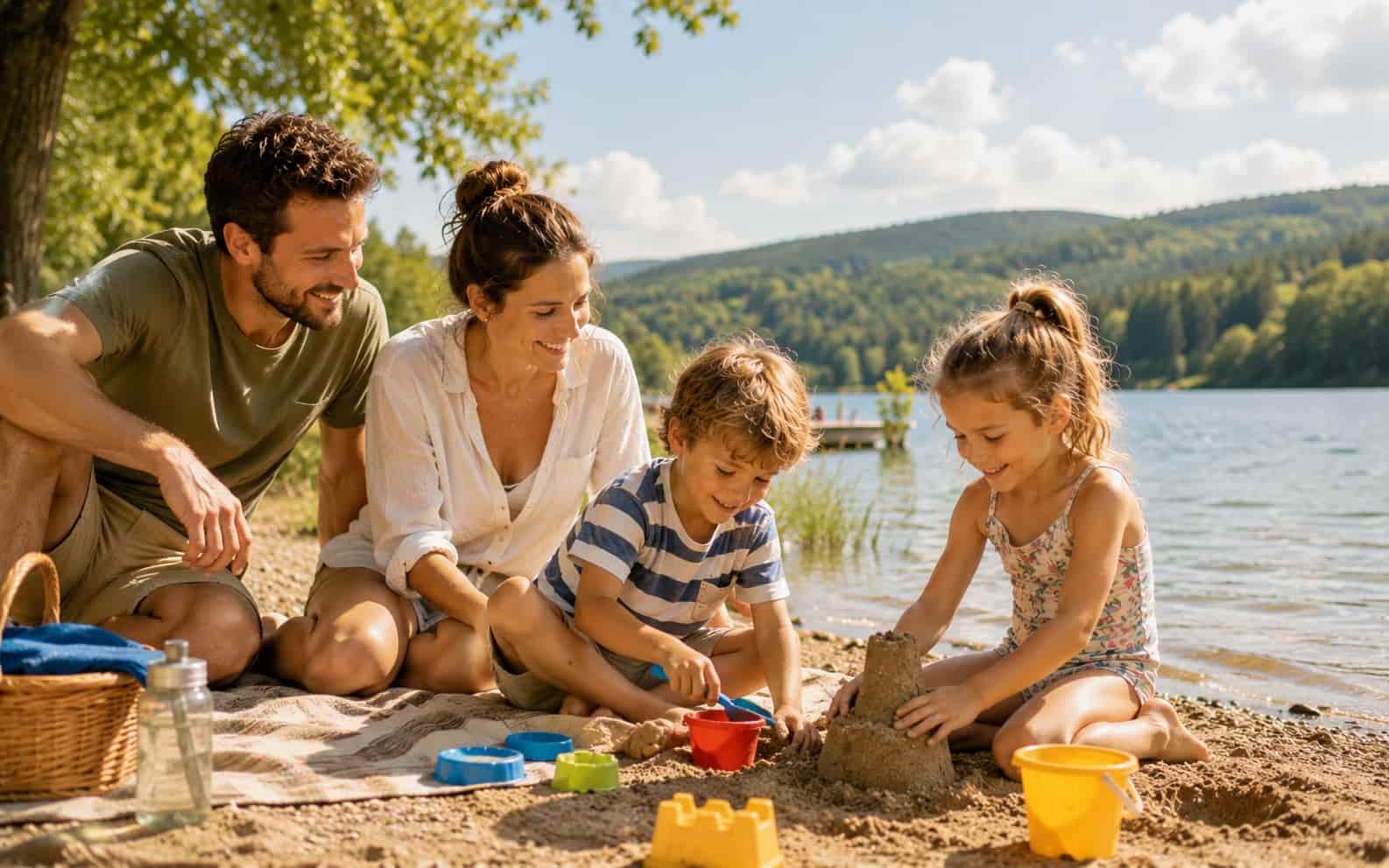 Familie am Seeufer mit Decke und Sandspielzeug