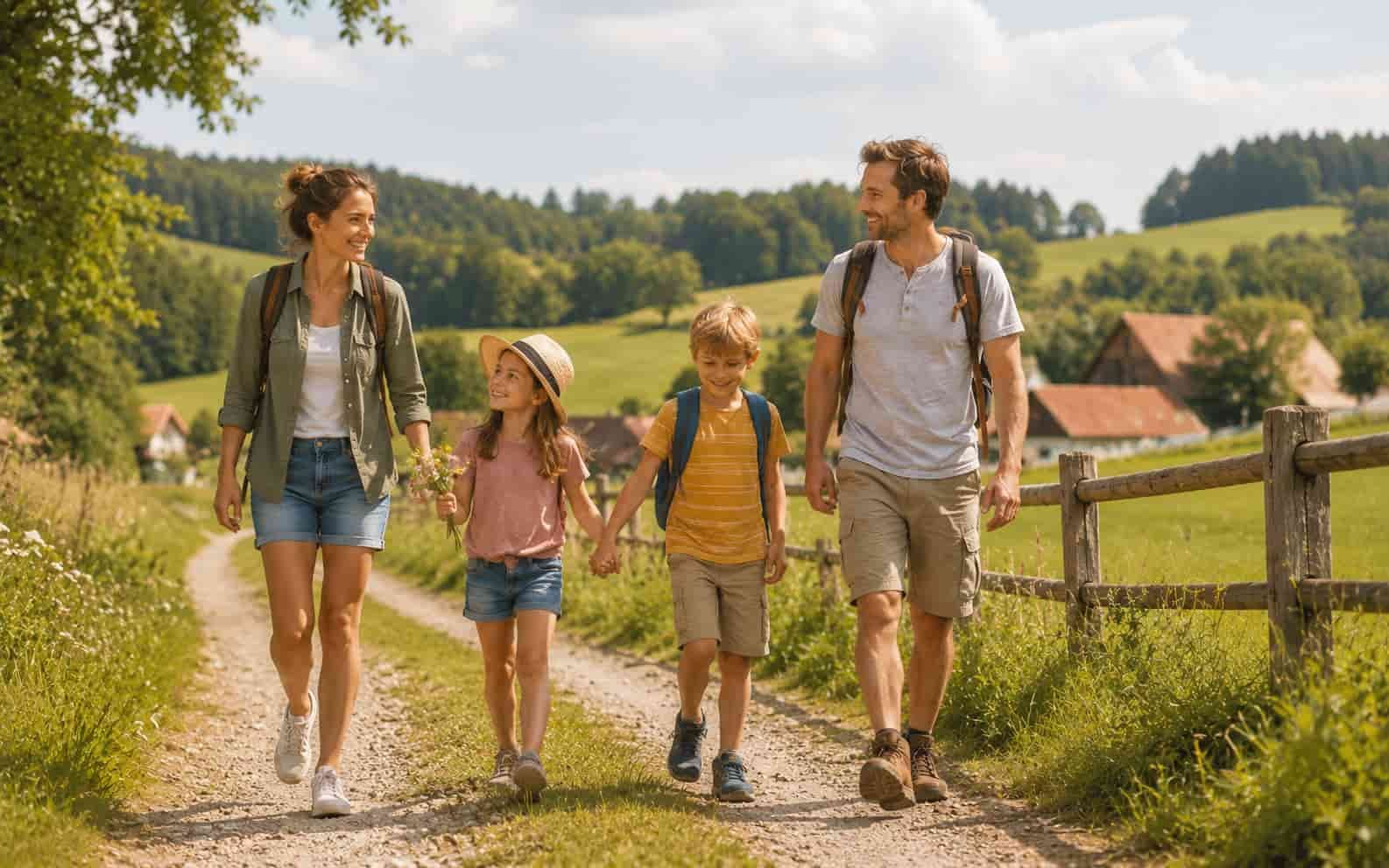 Familie verbringt Ferien in Oberschwaben auf einem ländlichen Weg mit Wiesen und Natur