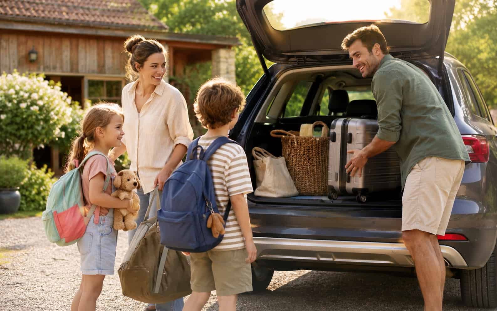 Familie bereitet eine Autofahrt vor