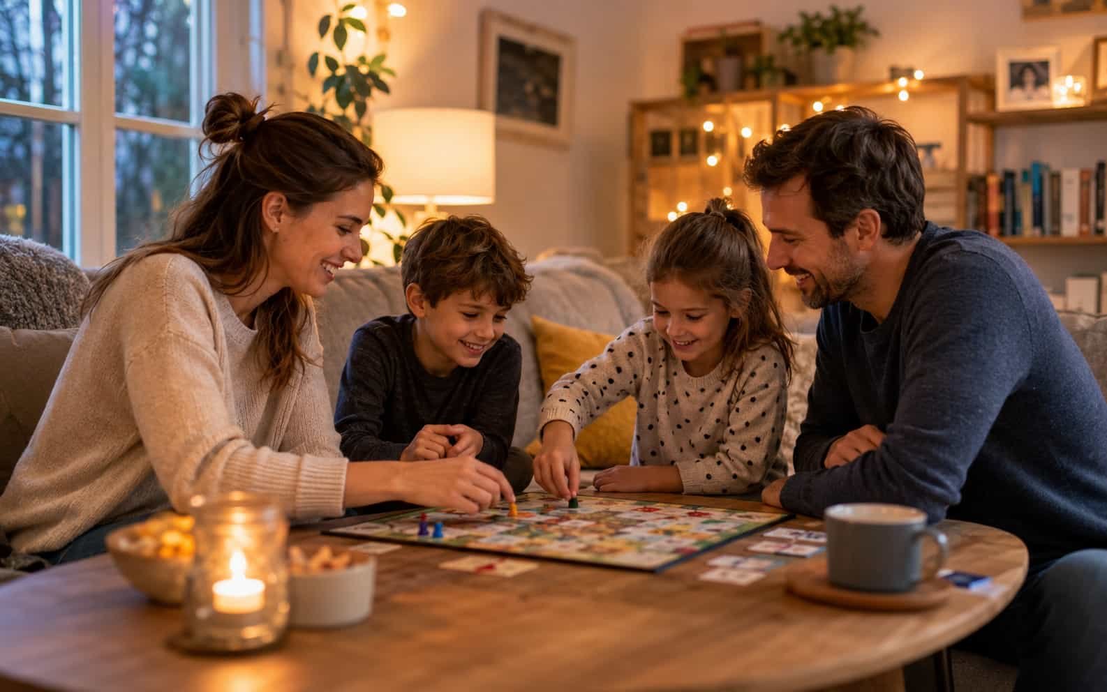 Familie spielt gemeinsam ein Brettspiel oder Kartenspiel in entspannter Atmosphäre