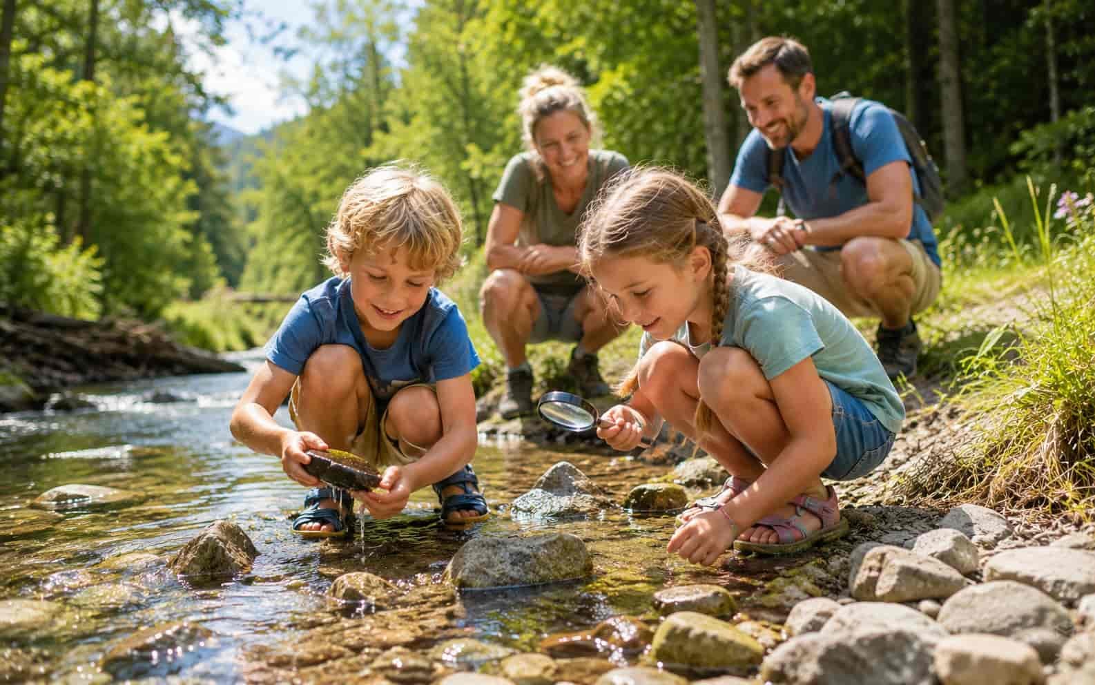 Familie erlebt einen sonnigen Ausflugstag in der Natur