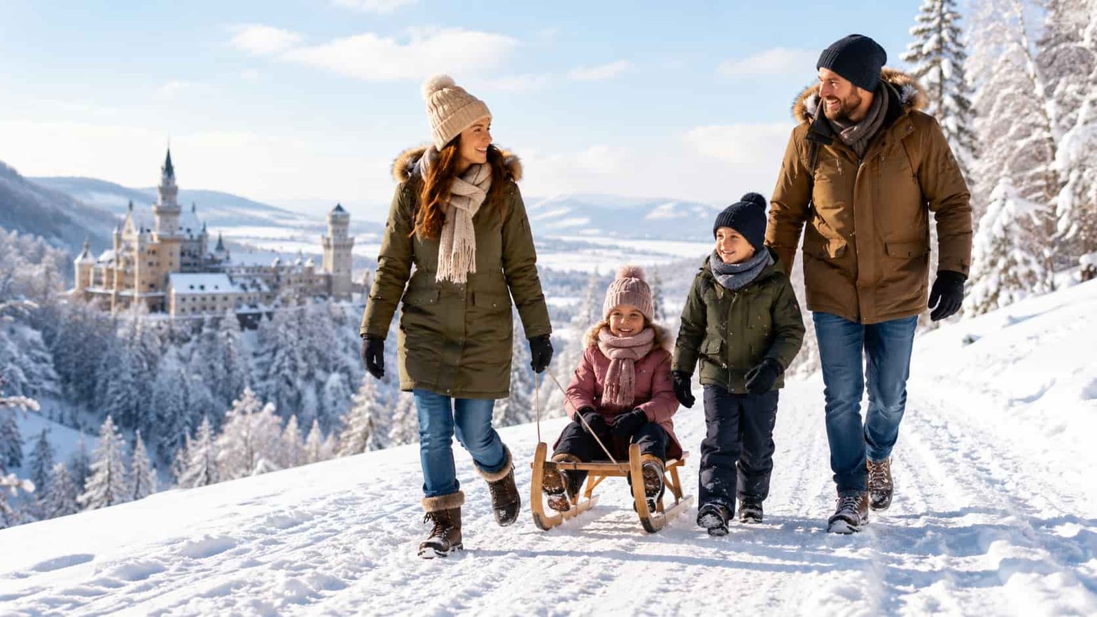 Familie mit Kindern beim Winterausflug im Schnee