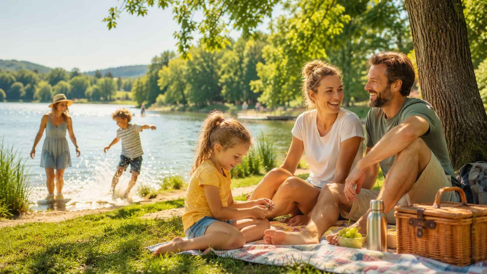Familie erlebt ein helles Indoor-Ausflugsziel mit Kindern