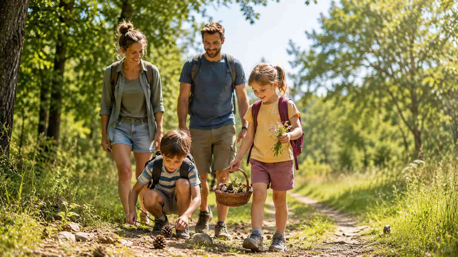 Familie genießt einen kostenlosen Ausflug mit Picknick und Natur