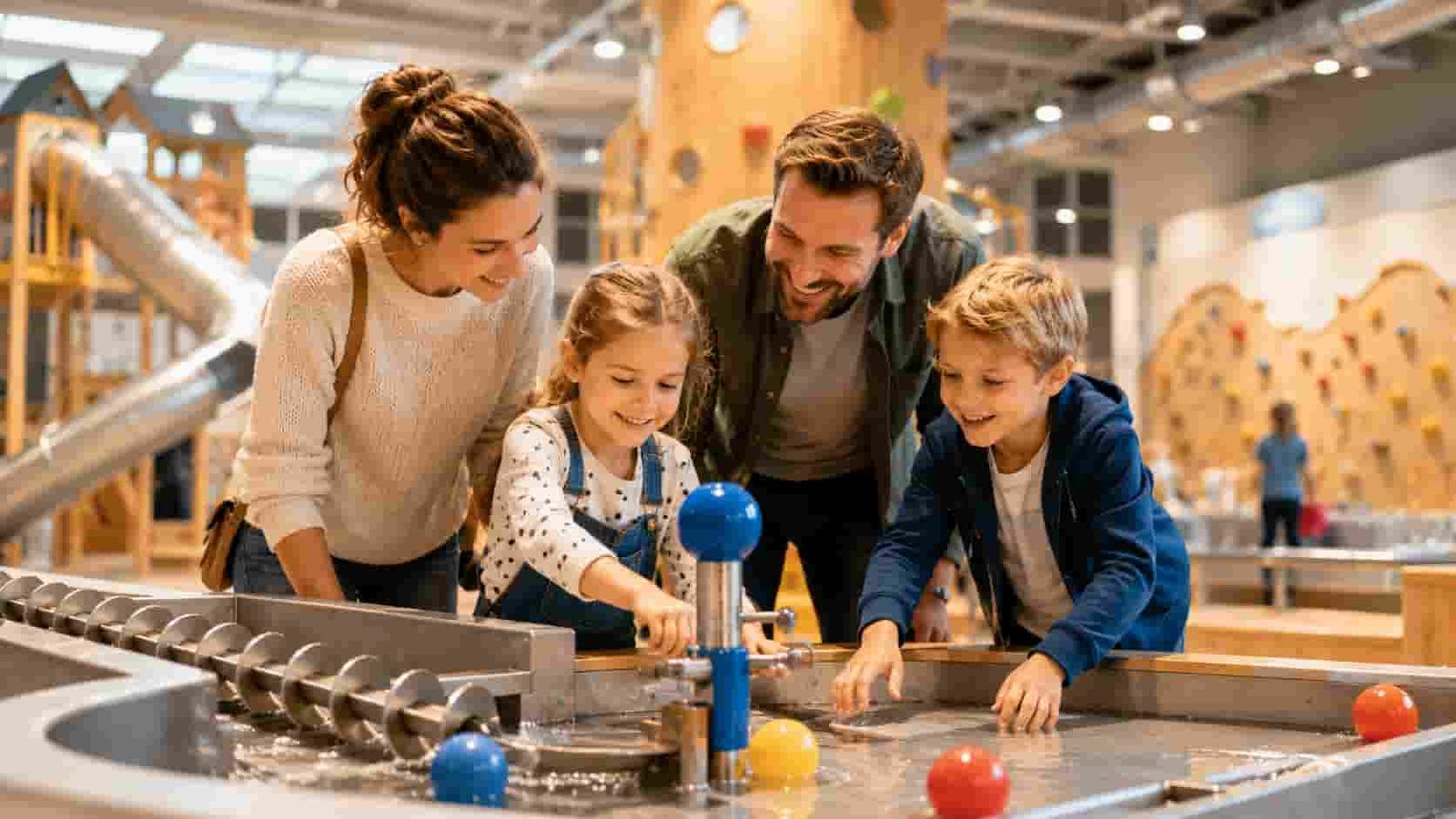Kinder entdecken eine helle Indoor-Erlebniswelt als Ersatzbild für das Mercedes-Benz Museum Stuttgart