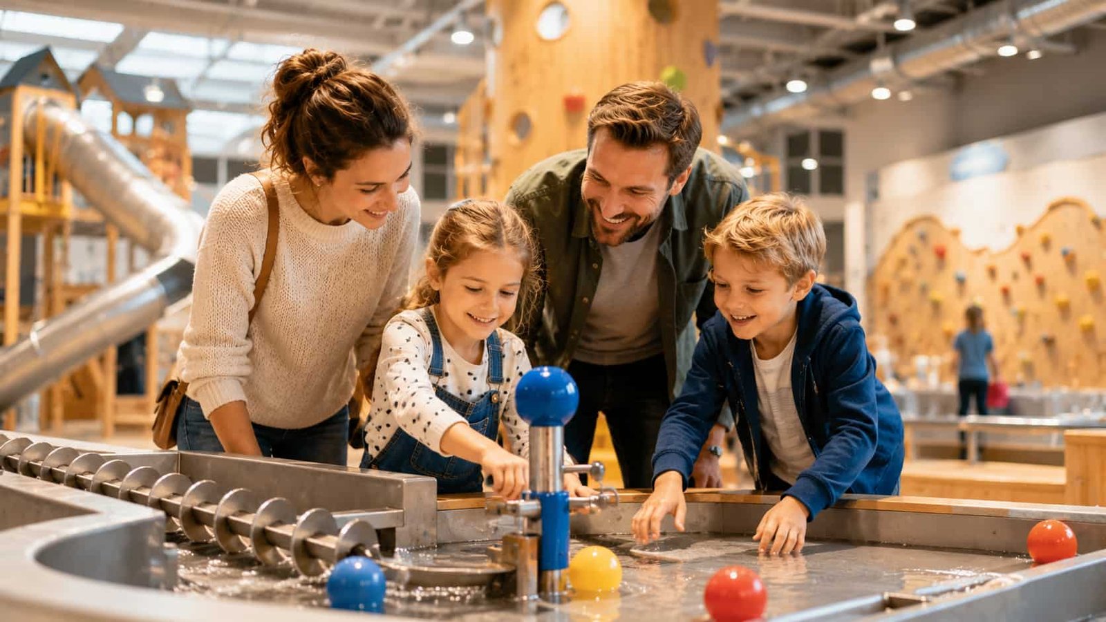 Kinder entdecken mit Eltern eine helle Indoor-Erlebniswelt