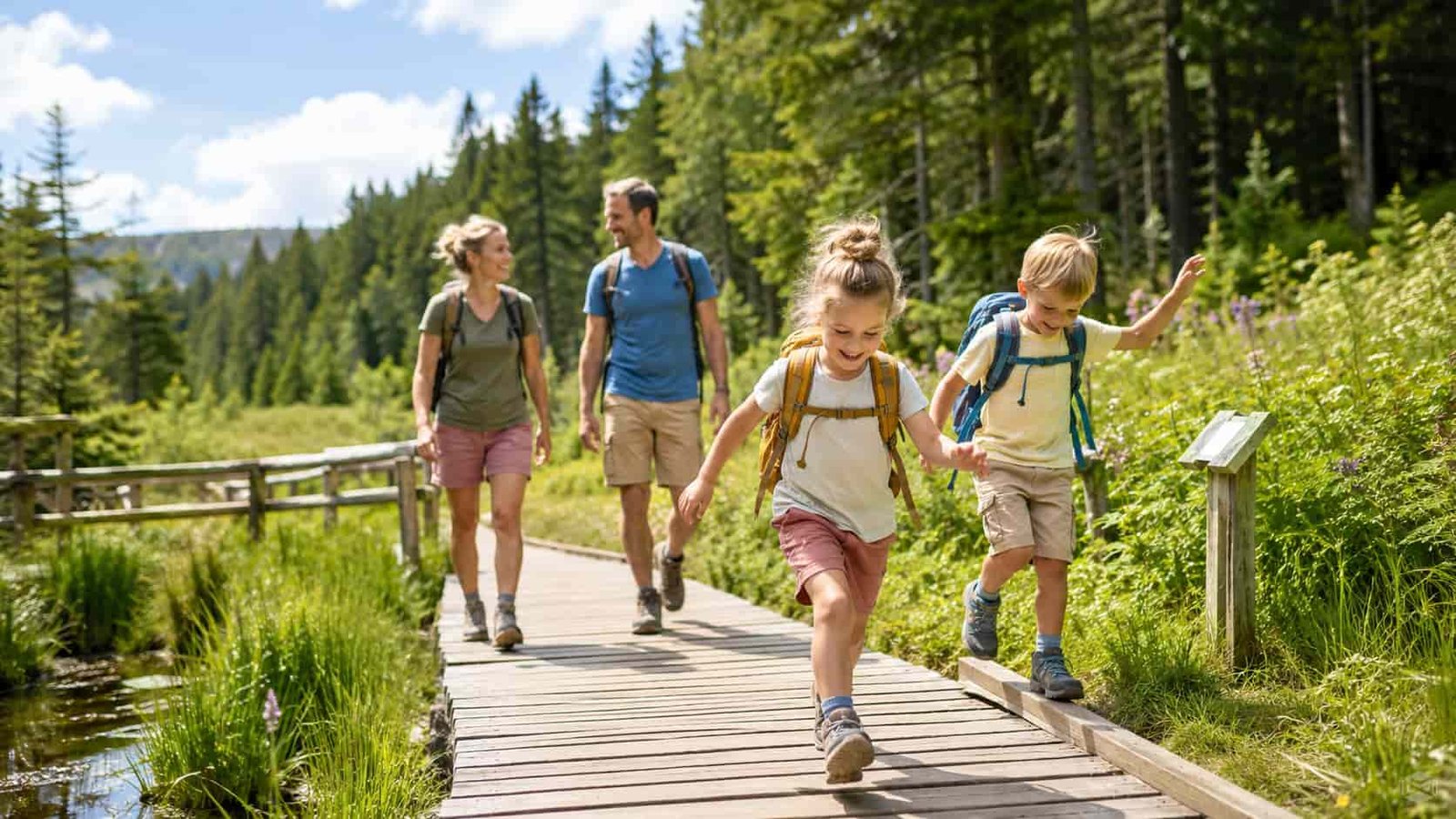Familie erlebt ein Outdoor-Ausflugsziel mit Kindern in der Natur