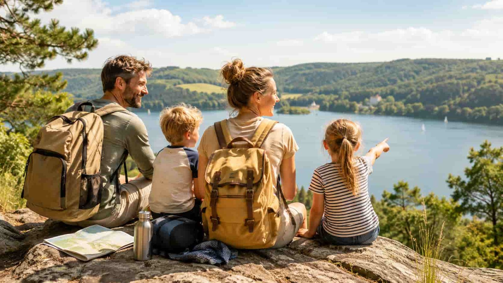 Familie macht einen Wochenendausflug mit Kindern in freundlicher Umgebung