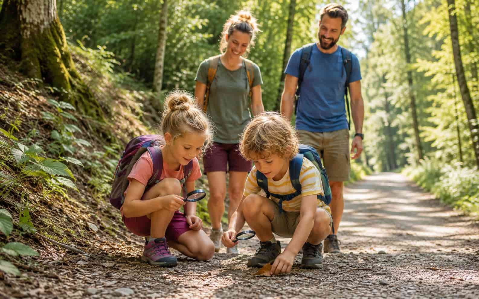 Familie wandert auf einem breiten Waldweg mit Kindern
