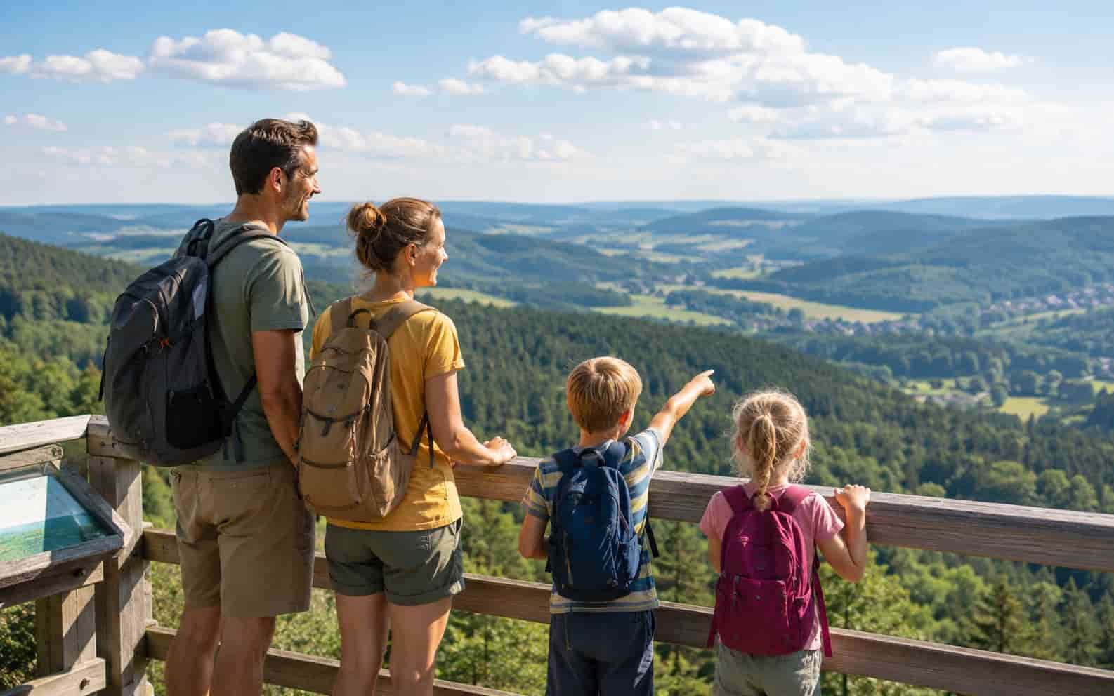 Familie steht auf einem Aussichtspunkt mit Blick über Wälder und Hügel