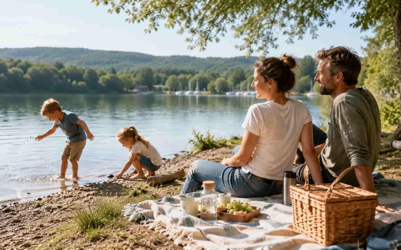 Familie macht Pause an einem Seeufer während eines Ausflugs