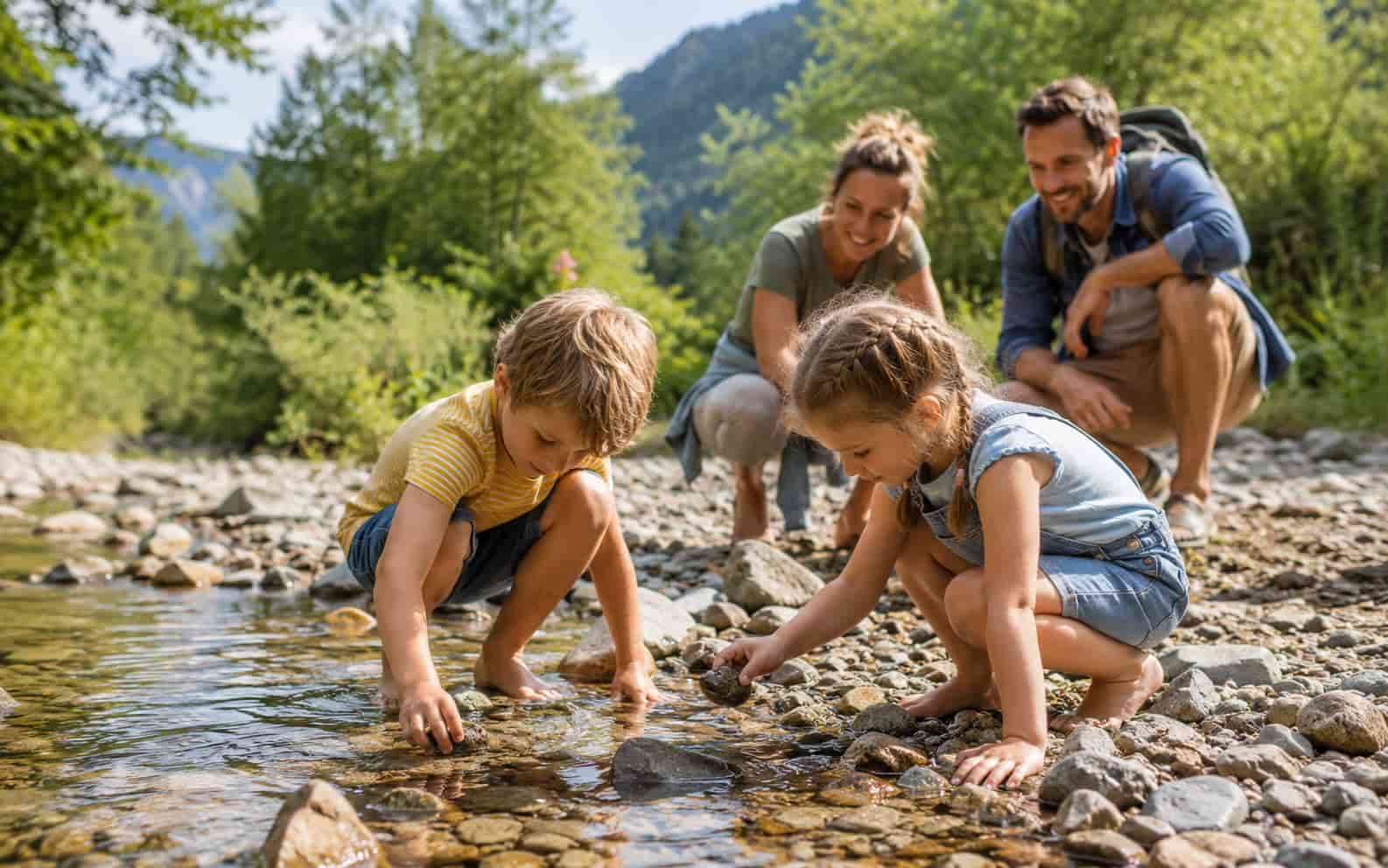 Kinder entdecken einen Bachlauf bei einem Outdoor-Ausflug