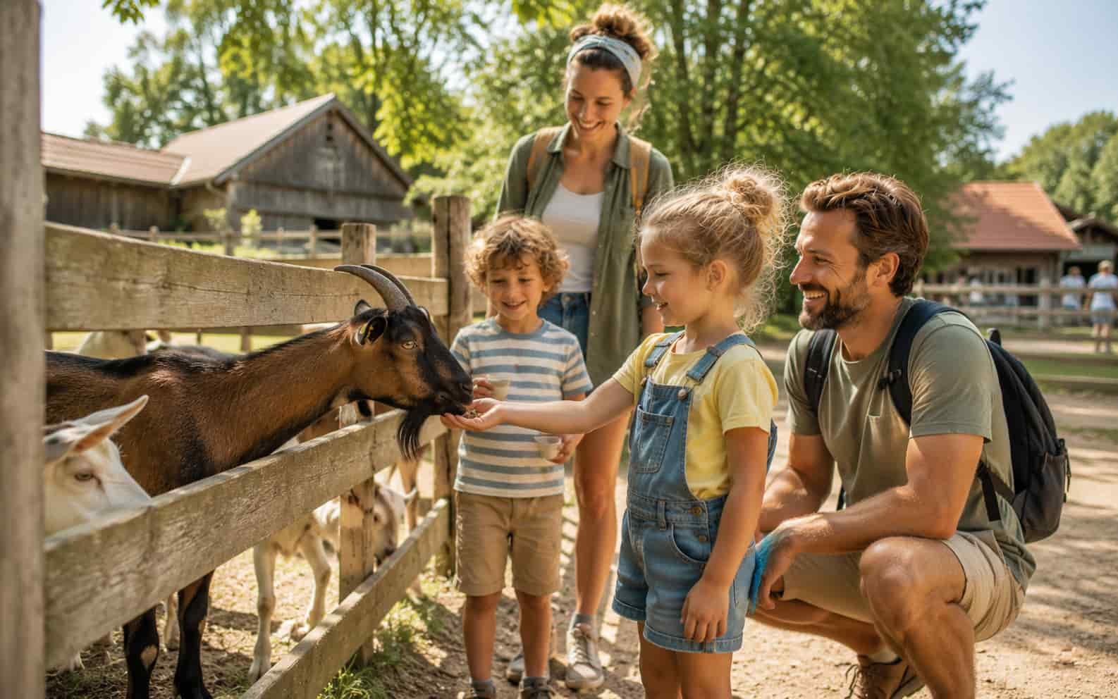 Familie erlebt einen Tierpark- oder Bauernhof-Ausflug
