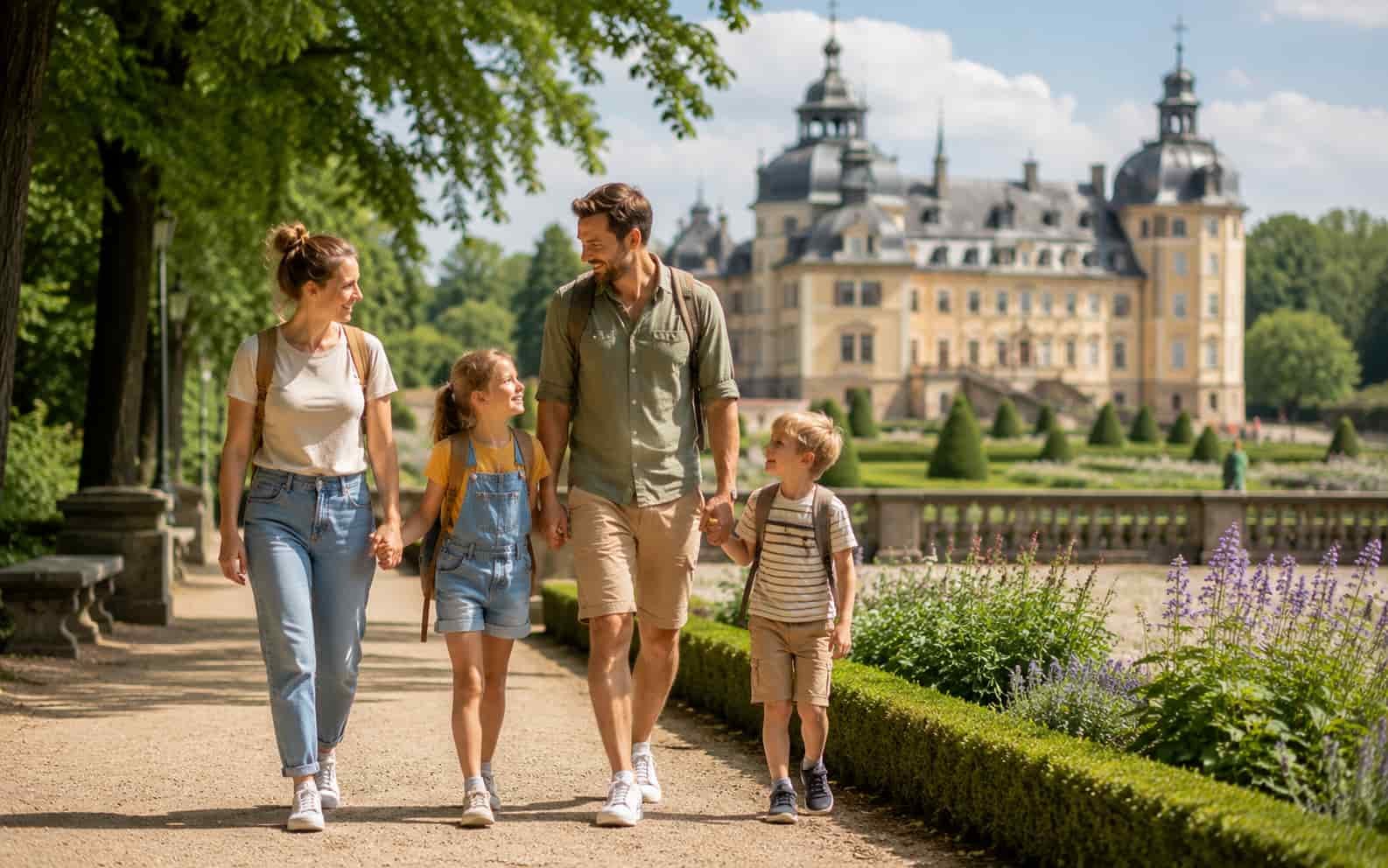 Familie spaziert in einer historischen Parkanlage als Ersatzbild für Schloss Neuschwanstein