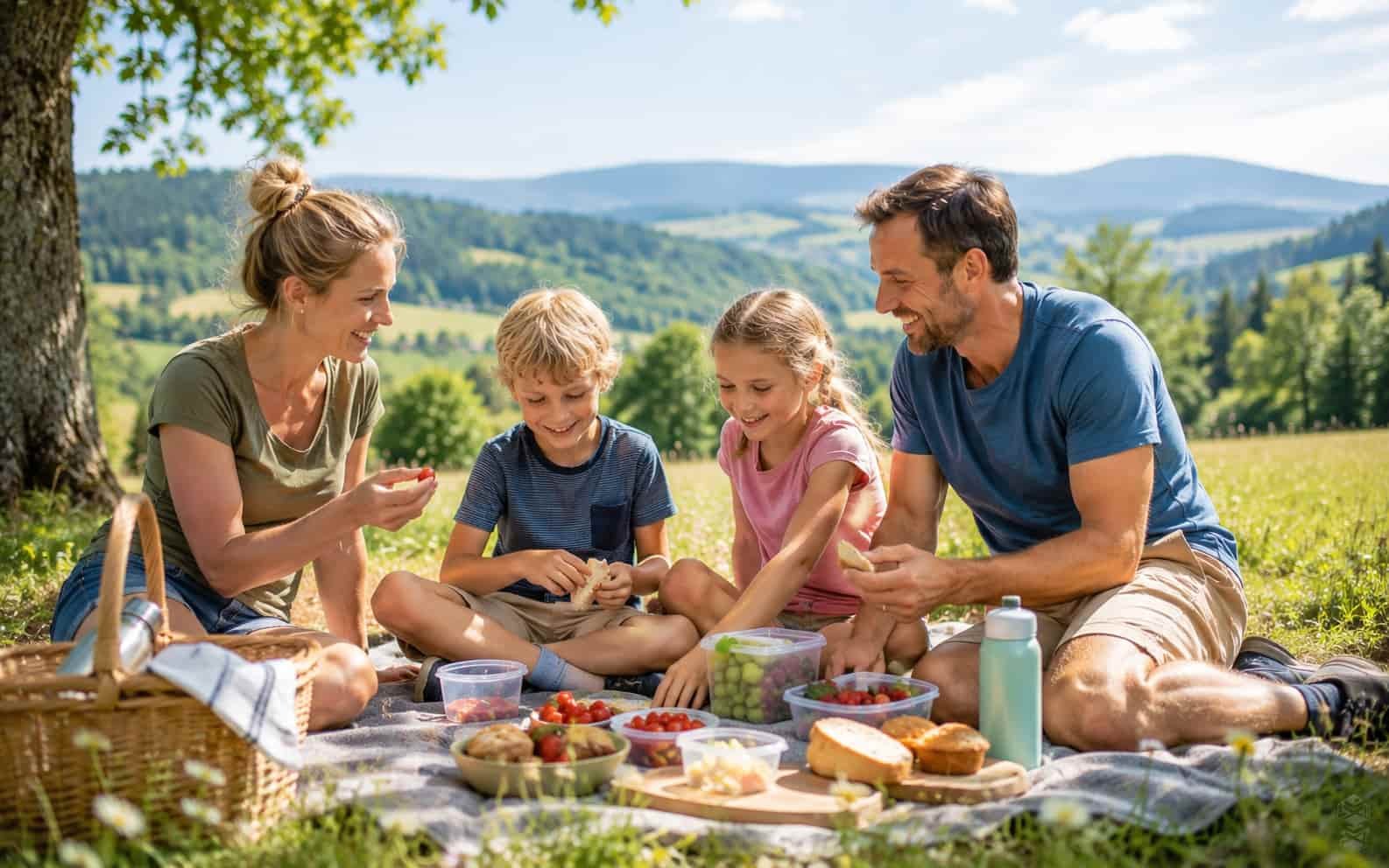Familie macht ein Picknick bei einem Wochenendausflug