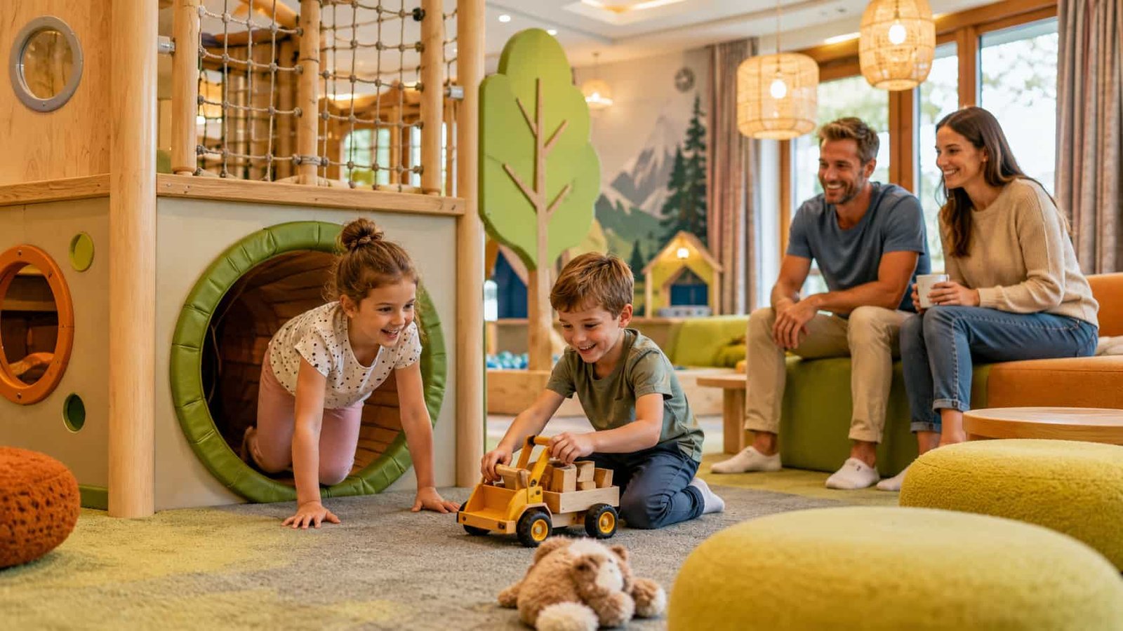Kinder spielen in einem freundlichen Hotel-Spielbereich als Ersatzbild für das Sporthotel Grafenwald Daun
