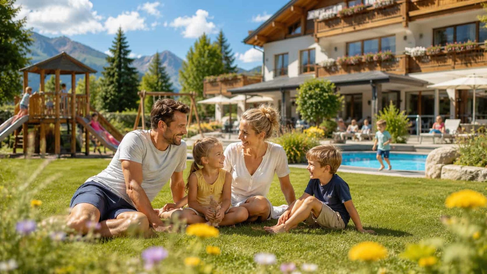 Familie im Außenbereich eines Familienhotels als Ersatzbild für den Allgäuer Berghof