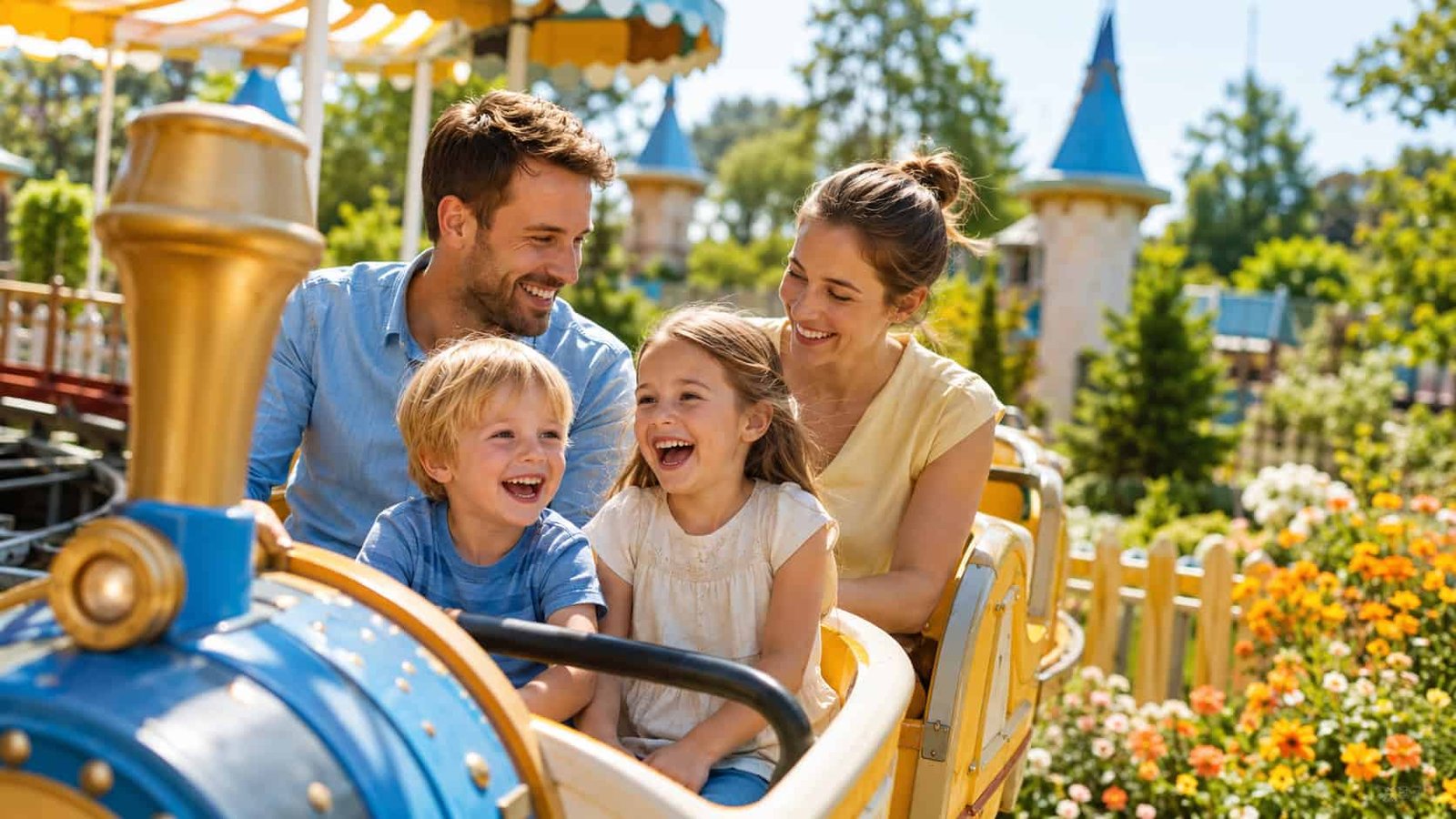 Familie erlebt gemeinsam ein sanftes Fahrgeschäft in einem Freizeitpark