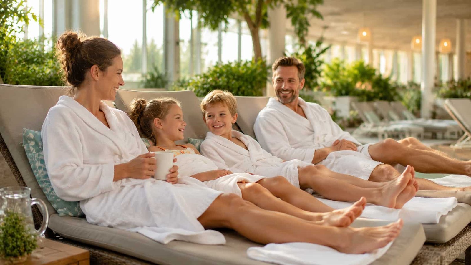 Familie entspannt in einem Freizeitbad-Ruhebereich als Ersatzbild für die Paracelsus-Therme Bad Liebenzell