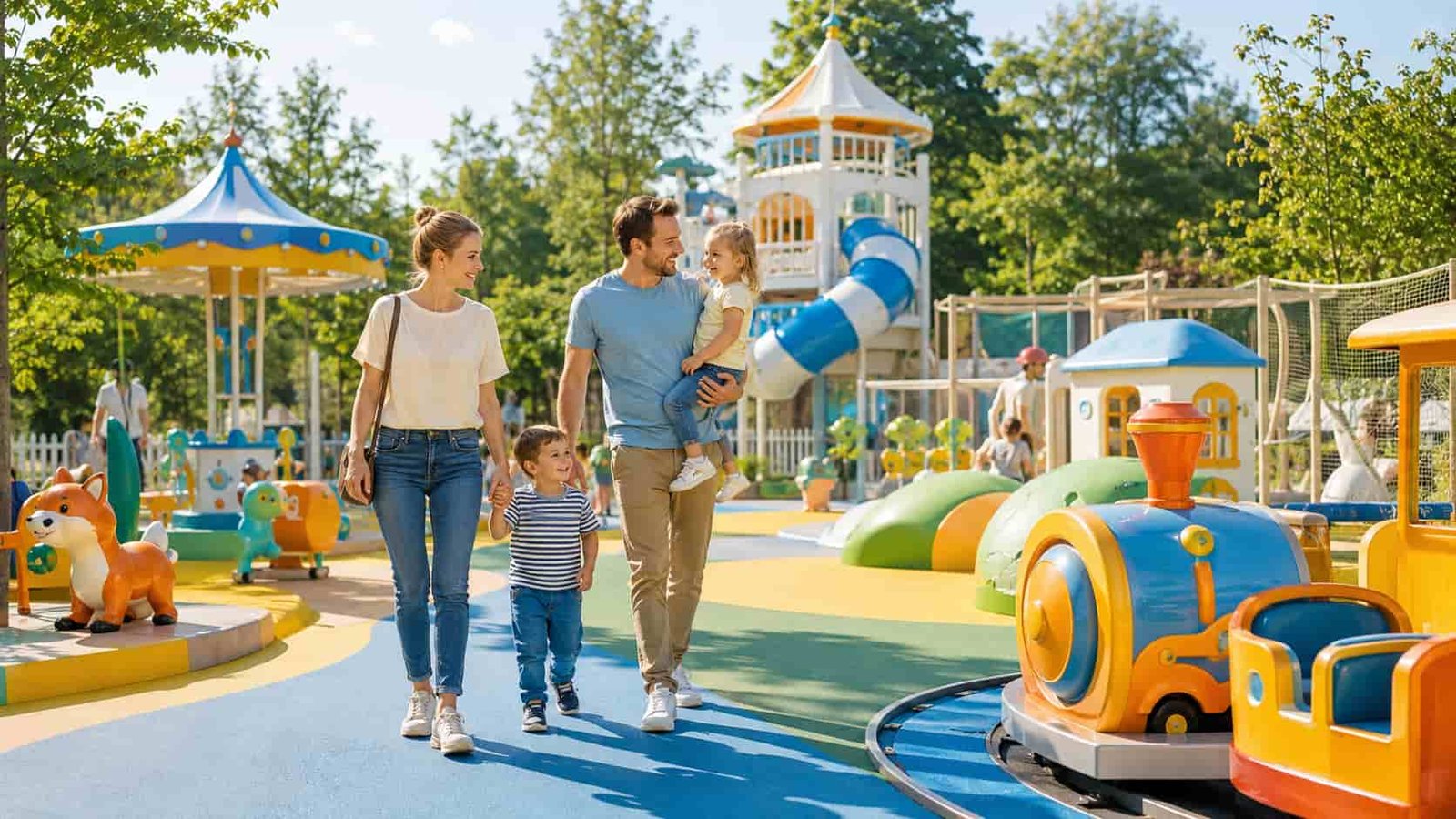 Familie entdeckt einen kindgerechten Spielbereich in einem Freizeitpark als Ersatzbild für den egapark Erfurt