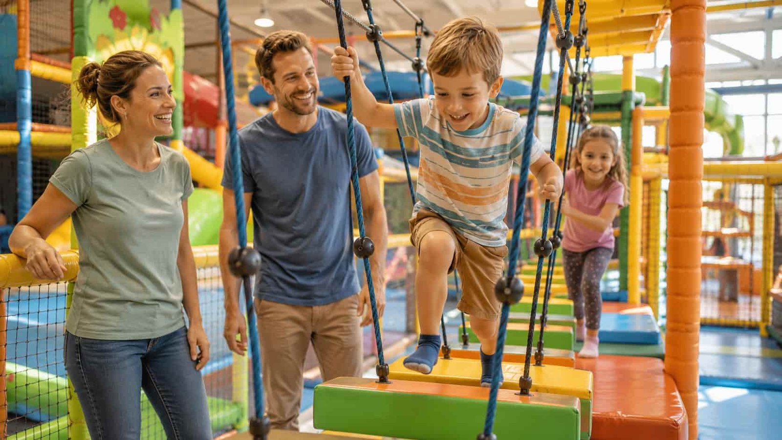 Kinder entdecken einen Kletter- und Bewegungsbereich in einer hellen Indoor-Spielhalle