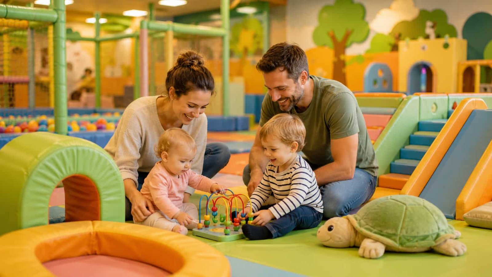 Kleinkindfreundlicher Spielbereich mit weichen Spielmodulen in einem Indoorspielplatz