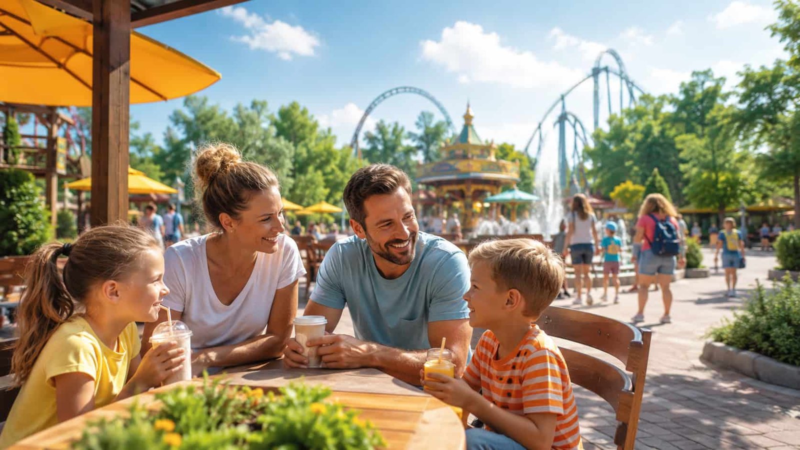Familie macht Pause in einer gepflegten Freizeitpark-Servicezone als Ersatzbild für den Holland-Park Panketal